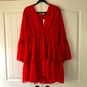 Red plus chiffon-feel mini dress with bell sleeve